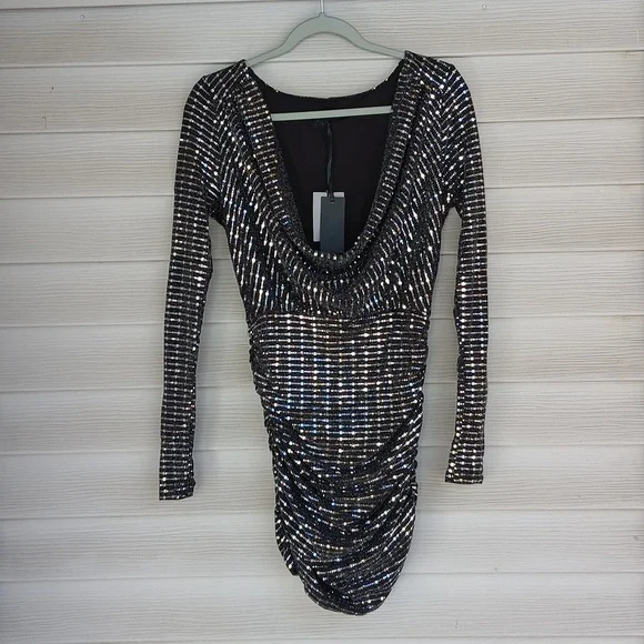 $178, H:ours Isla Cowl Neck, Sequin Black Mini Dress, has stretch, X Rev… - Picture 5 of 5